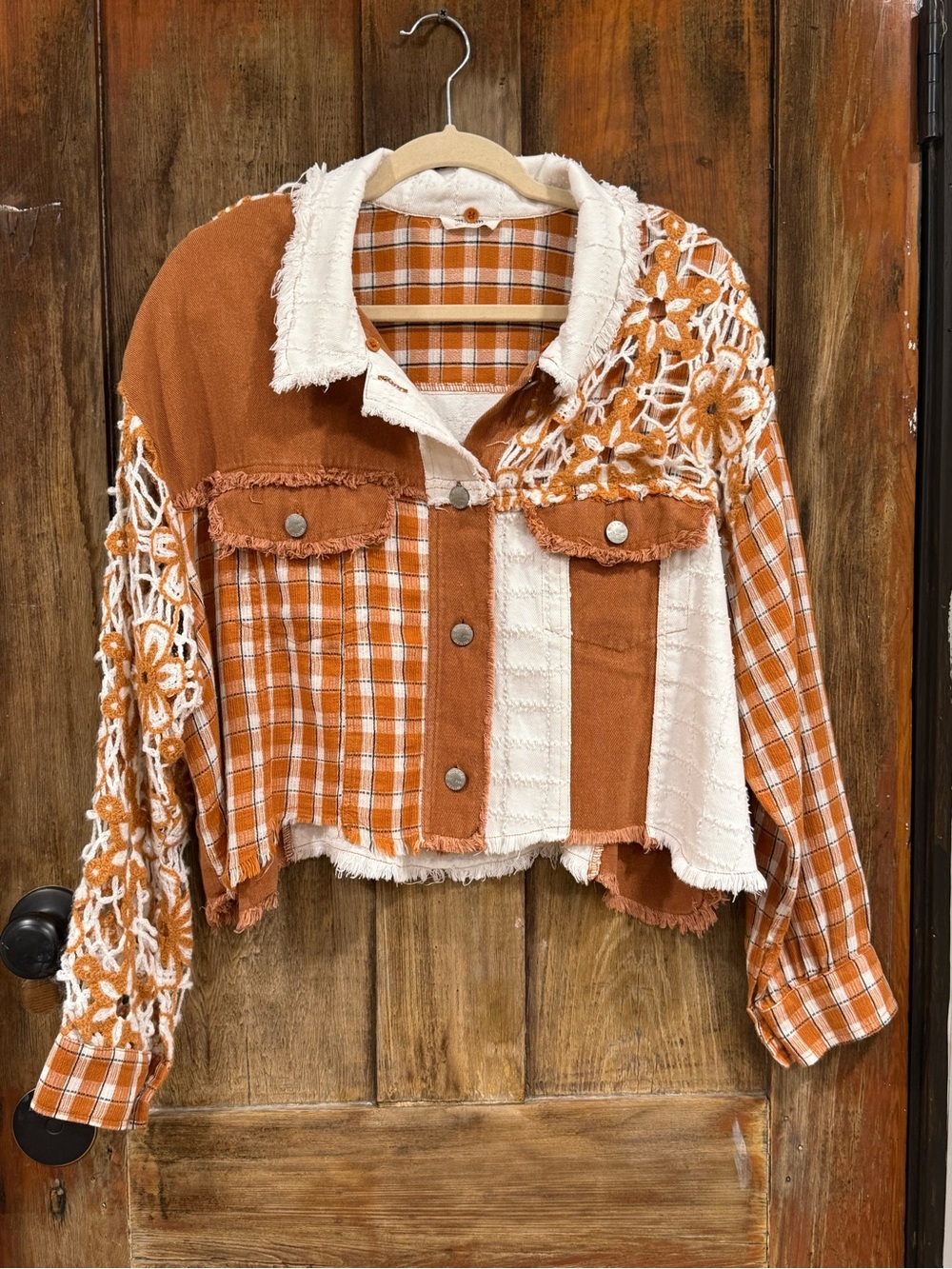 Miss Me Rust & Cream Patchwork Fringe Jean Jacket